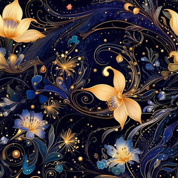 Intricate floral pattern with gold and blue flowers, swirls, and leaves on a dark background.