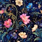 Colorful flowers and swirling green vines on a dark background, with small stars scattered throughout.