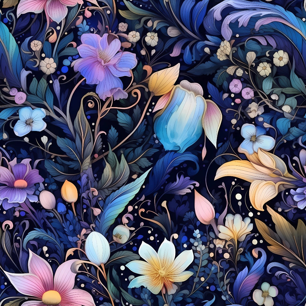 Intricate floral pattern with various colorful flowers and leaves on a dark background, featuring shades of blue, purple, and yellow.