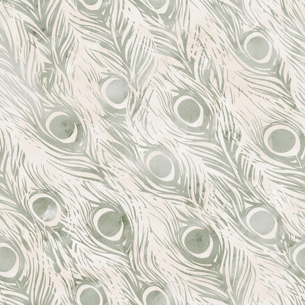 '- Watercolor Peacock Print 2 Fabric - Fabric - Quilting - Cotton - Soft - Smooth - Green - Beige - Pattern - Feathers - Decorative - Artistic - Textile - Premium - Yardage