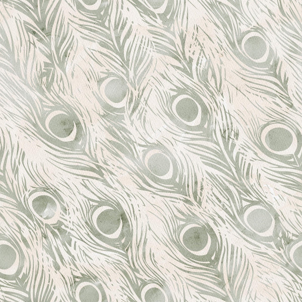 '- Watercolor Peacock Print 2 Fabric - Fabric - Quilting - Cotton - Soft - Smooth - Green - Beige - Pattern - Feathers - Decorative - Artistic - Textile - Premium - Yardage