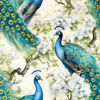Pattern of peacocks with vibrant blue and green feathers among white flowers and leafy branches on a light background.