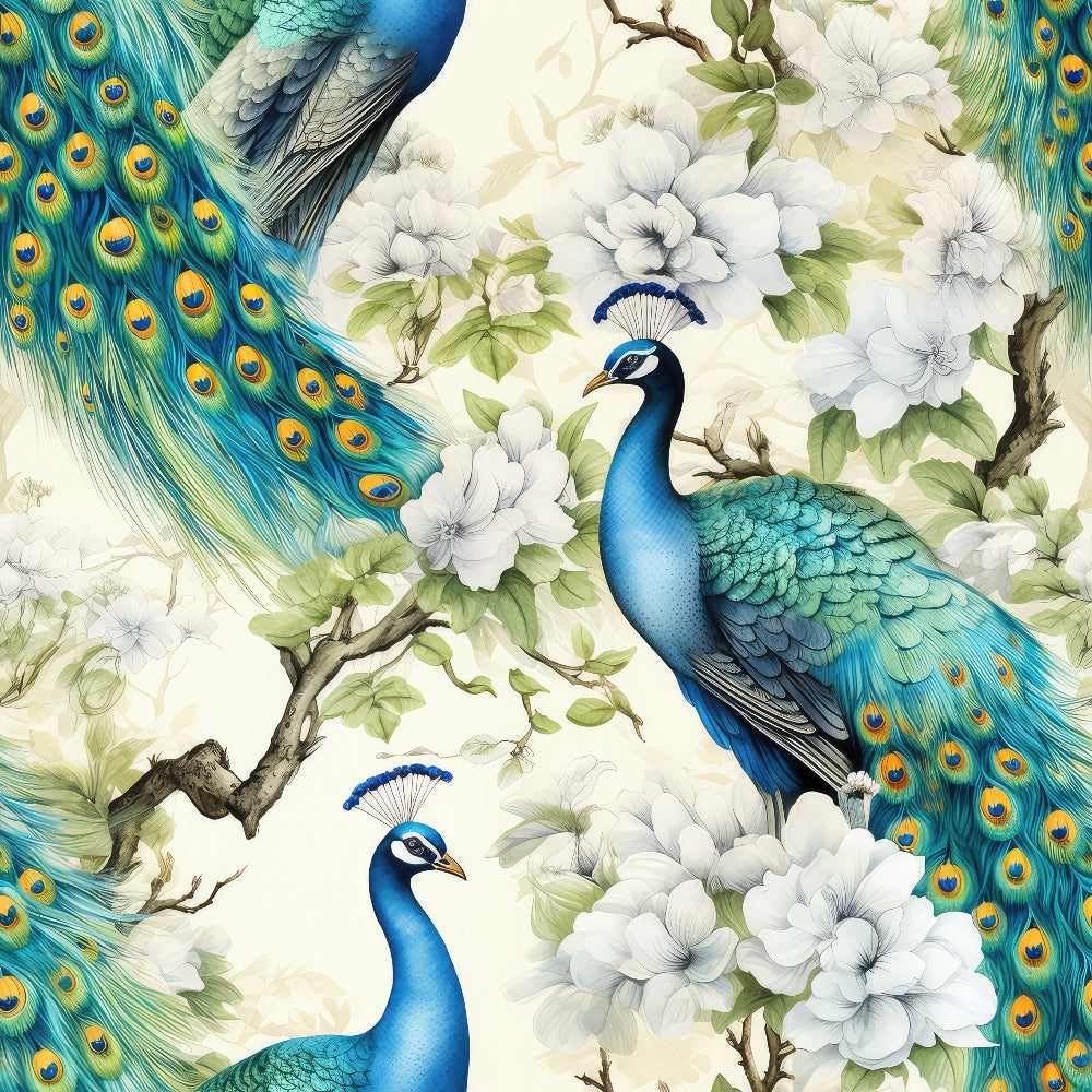 Pattern of peacocks with vibrant blue and green feathers among white flowers and leafy branches on a light background.