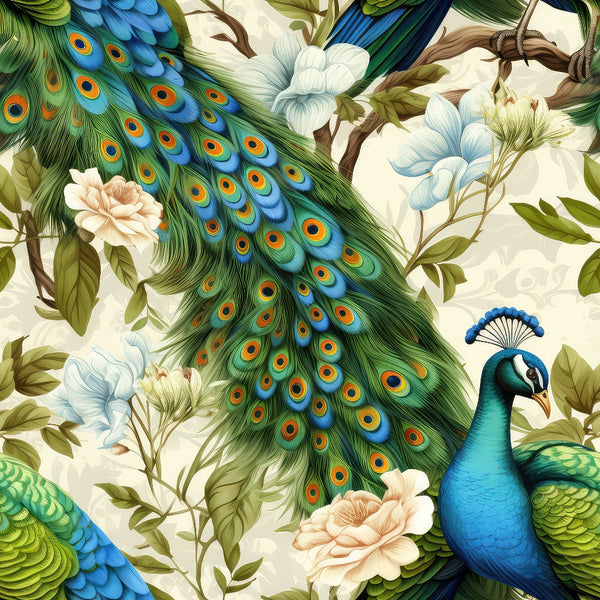 Illustration of a peacock with vibrant blue and green plumage, surrounded by white and cream flowers and leaves on a light background.