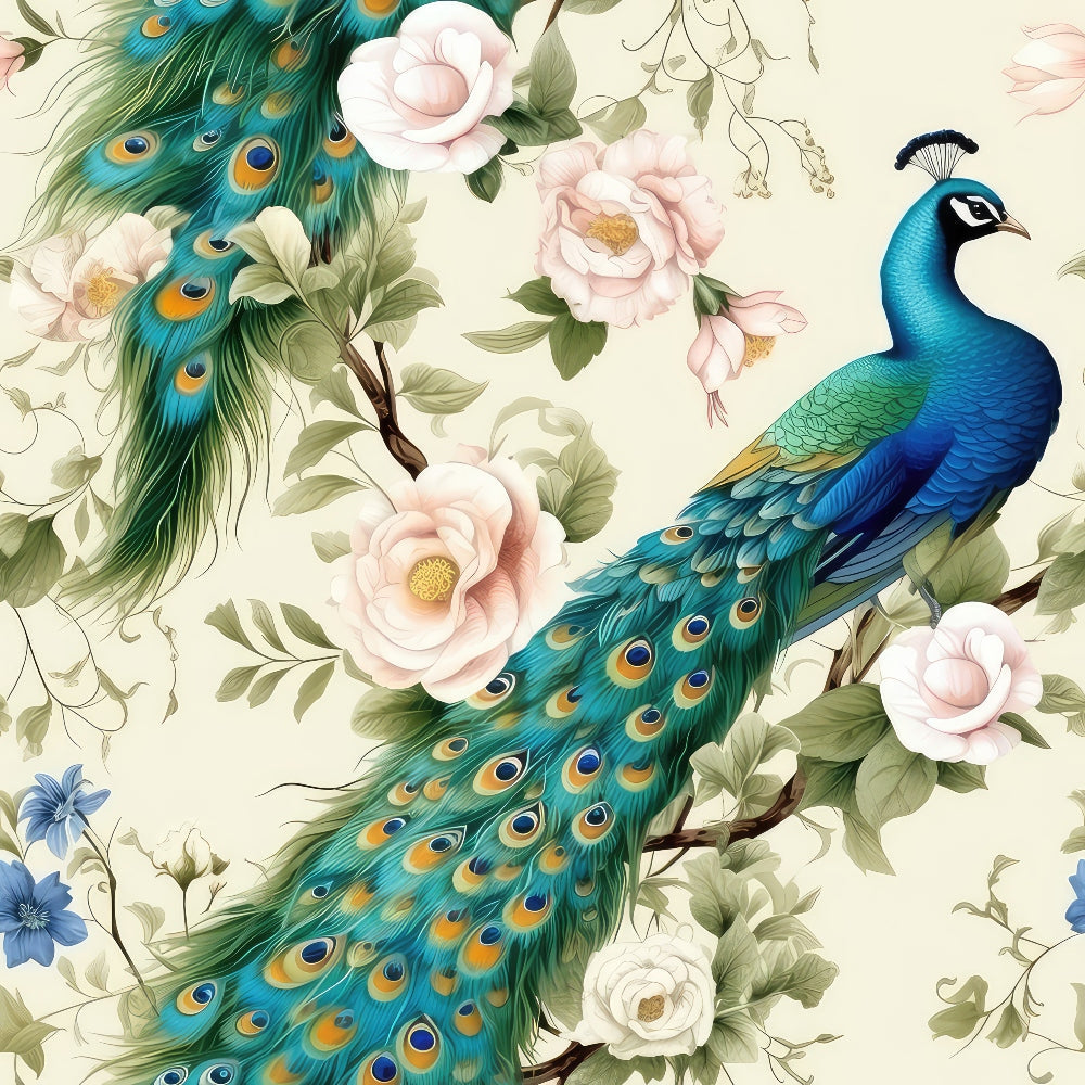 Illustration of a peacock perched among blooming flowers, featuring vibrant blue and green feathers with eye-like patterns on its tail.