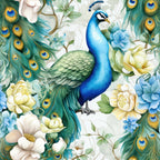 Illustrated peacock with vibrant blue and green feathers surrounded by blooming flowers in pastel colors.