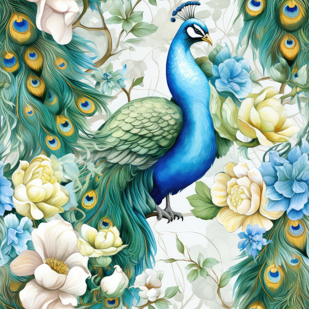Illustrated peacock with vibrant blue and green feathers surrounded by blooming flowers in pastel colors.