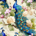 Illustrated peacock with vibrant tail feathers surrounded by pink and white flowers and green leaves on a light background.