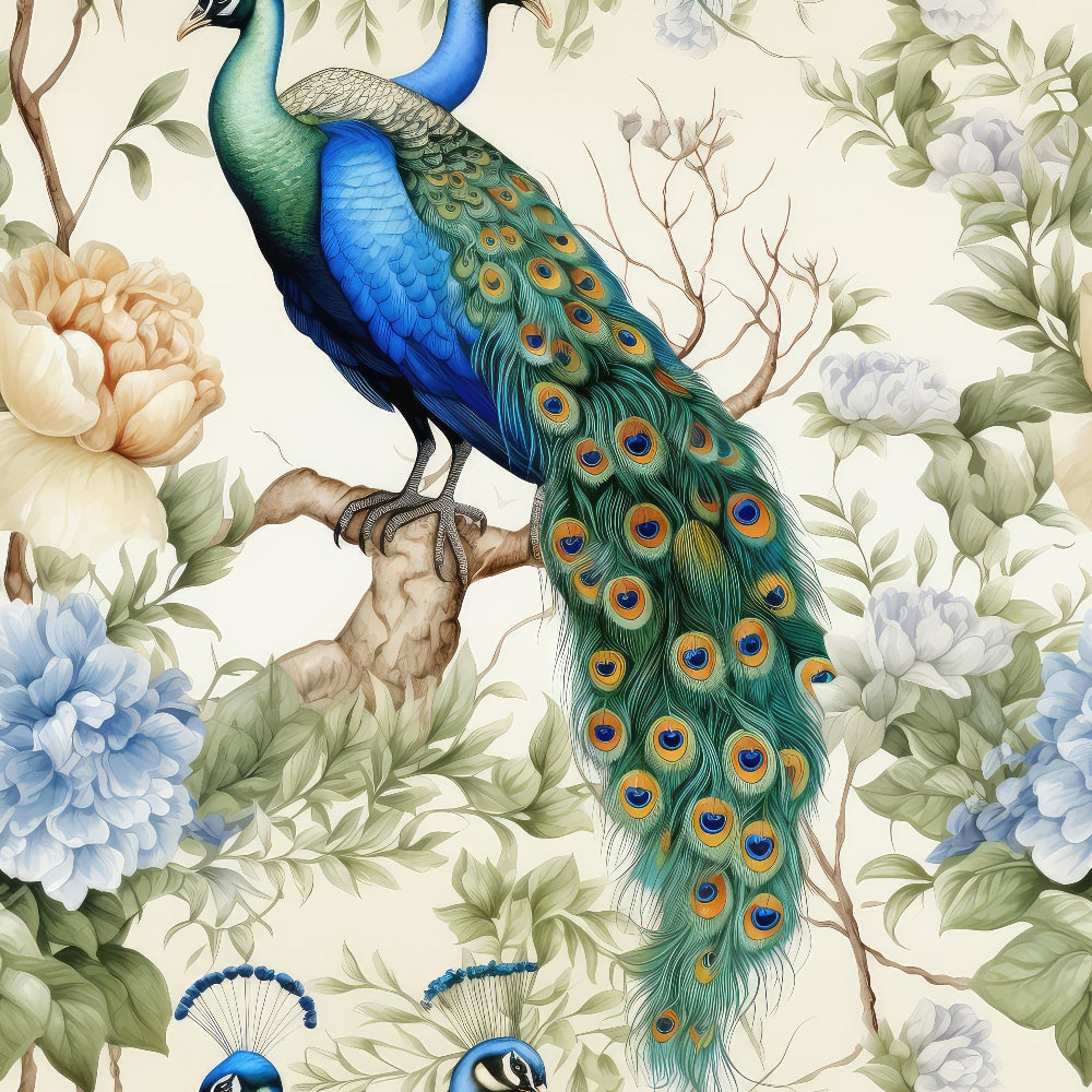 Illustration of a peacock with vibrant blue and green plumage perched on a branch, surrounded by large pastel flowers and leaves.