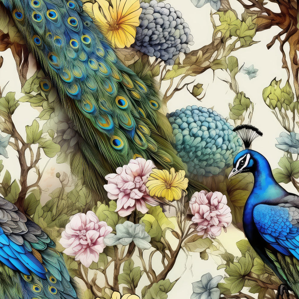 Illustrated peacock surrounded by colorful flowers and foliage, featuring detailed feathers and intricate blooms in a nature-inspired scene.