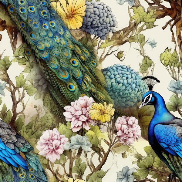 Illustrated peacock surrounded by colorful flowers and foliage, featuring detailed feathers and intricate blooms in a nature-inspired scene.