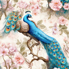 Illustration of a peacock perched on a branch, surrounded by pink flowers and green leaves against a light background.