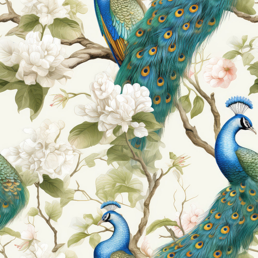Illustration of peacocks with vibrant blue and green feathers amid blooming white and pink flowers on tree branches.