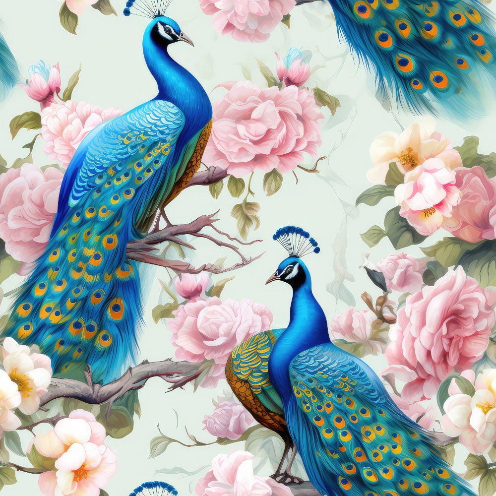 Two vibrant peacocks perched on branches, surrounded by pink and white flowers on a light background.