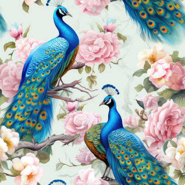 Two vibrant peacocks perched on branches, surrounded by pink and white flowers on a light background.