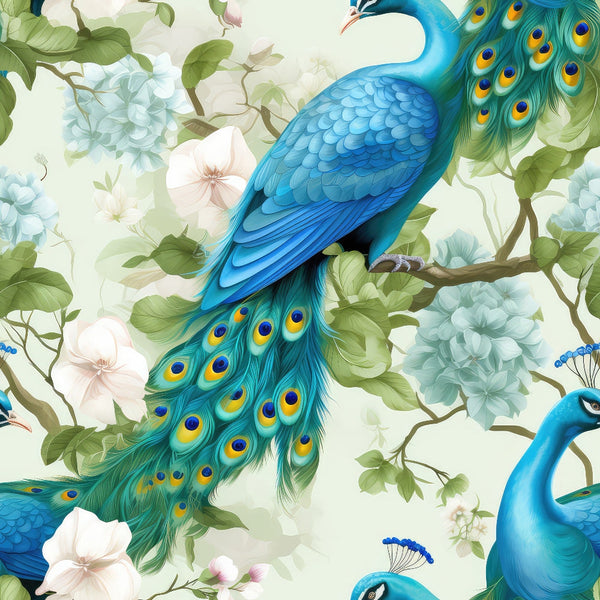 Illustration of vibrant blue peacocks perched on branches, surrounded by white and blue hydrangeas, against a light green background.