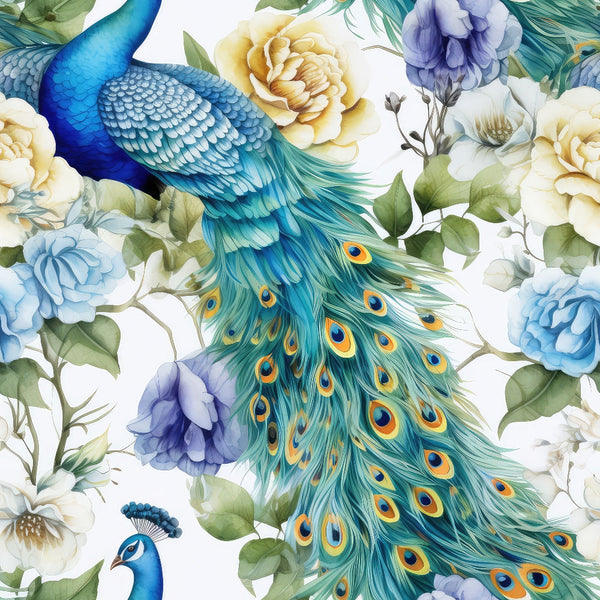 Illustration of a peacock with a vibrant tail featuring blue and green feathers, surrounded by yellow and purple flowers on a light background.