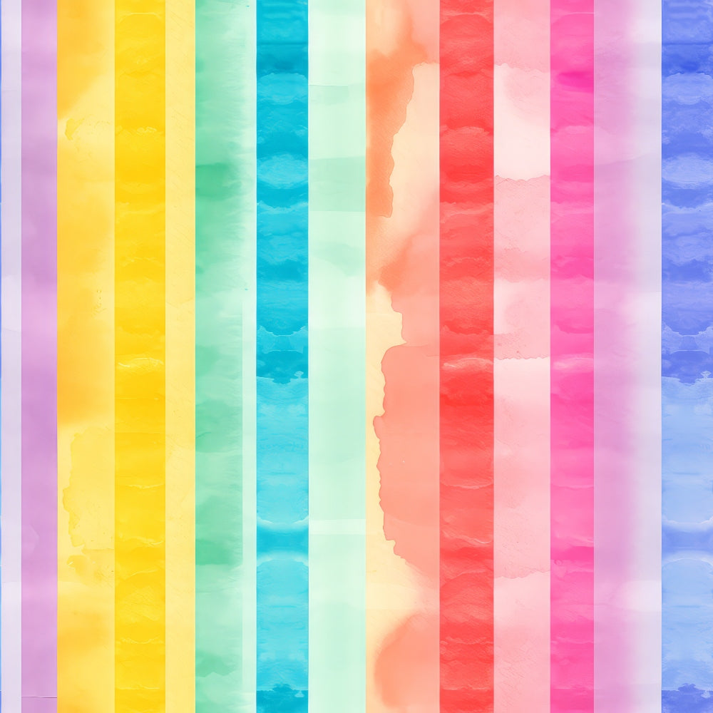 Vertical watercolor stripes in rainbow order from purple to blue on a textured background.