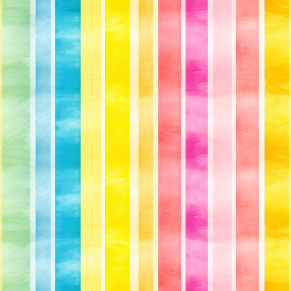 Vertical stripes in pastel colors: green, blue, yellow, pink, and orange. Each stripe has a subtle watercolor texture.