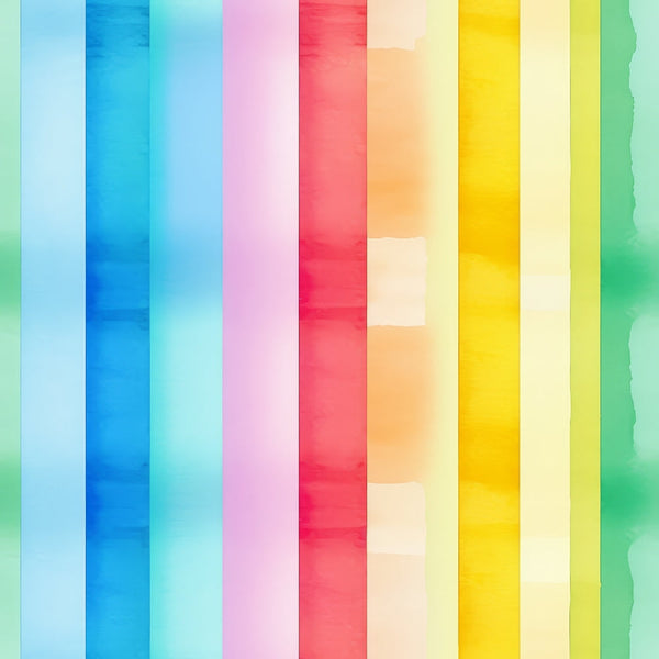 Vertical stripes in a watercolor style featuring a gradient of colors including blue, pink, green, red, yellow, and orange.