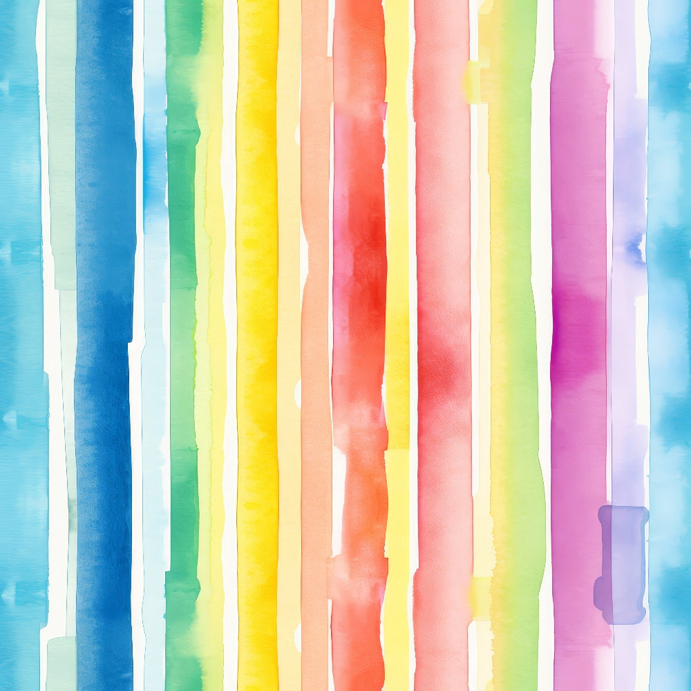 Vertical watercolor stripes in various colors including blue, yellow, red, green, and pink, on a white background.