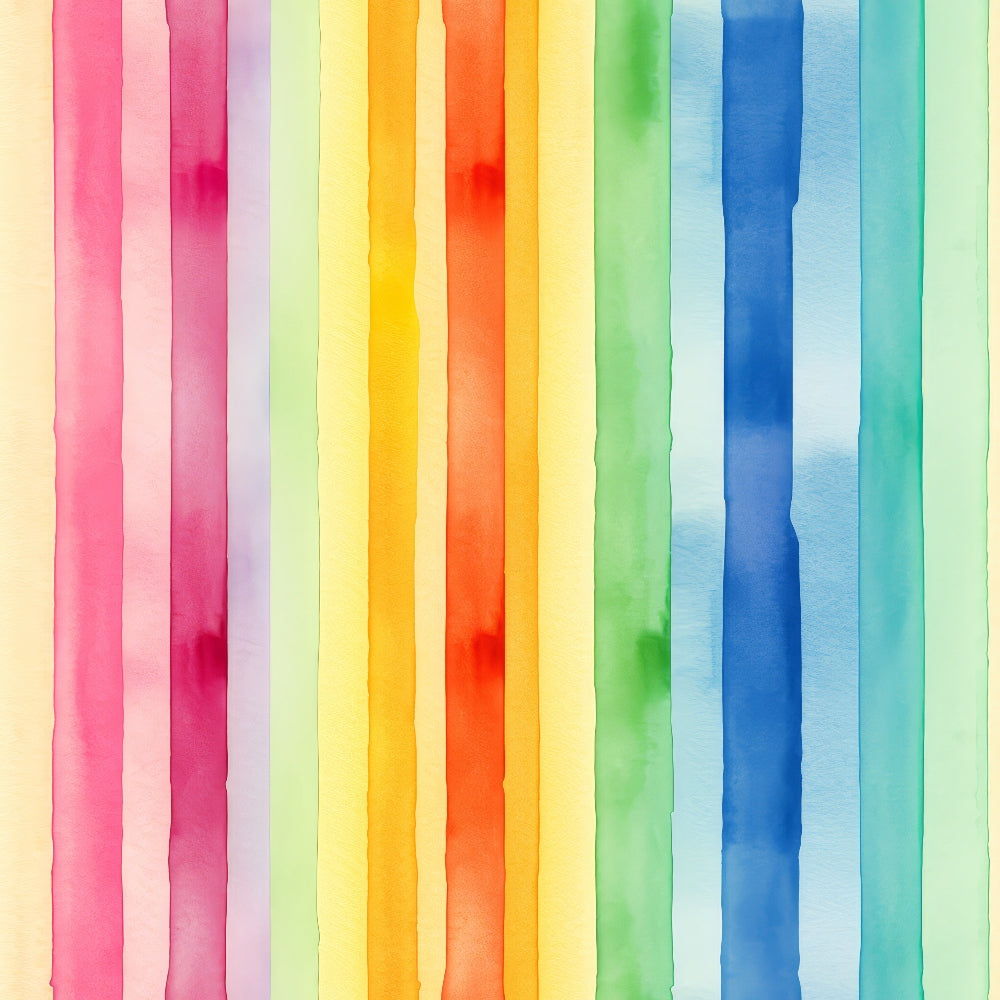 Vertical watercolor stripes of varying widths in pastel hues: pink, red, orange, yellow, green, blue, and teal.