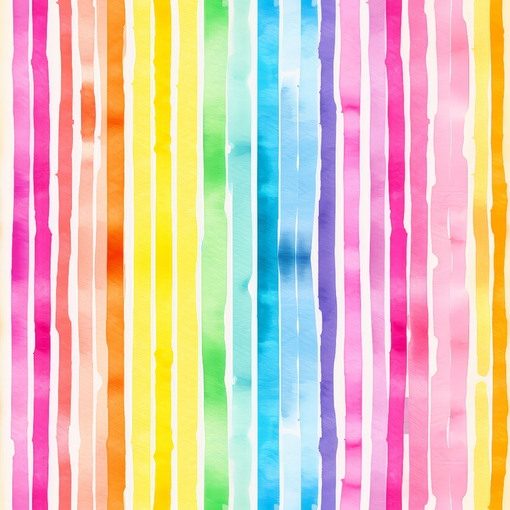 Vertical stripes in a rainbow of colors, including red, orange, yellow, green, blue, and purple, with a watercolor texture.
