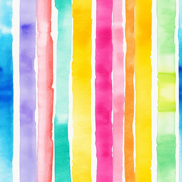Vertical stripes of watercolor in various colors, including blue, purple, pink, green, yellow, and orange, on a white background.