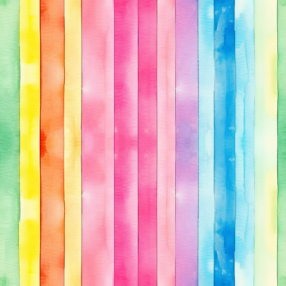 Vertical watercolor stripes in gradient colors: green, yellow, orange, red, pink, purple, and blue. The texture is rough with visible brush strokes.