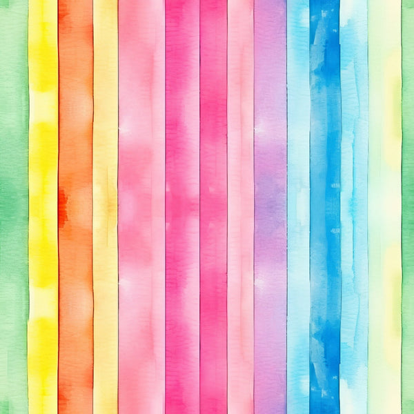 Vertical watercolor stripes in gradient colors: green, yellow, orange, red, pink, purple, and blue. The texture is rough with visible brush strokes.