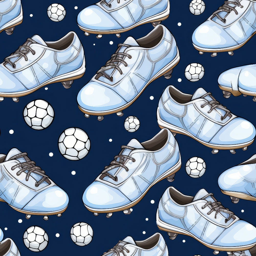 Pattern of light blue soccer cleats and black-and-white soccer balls on a dark blue background.
