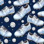 Pattern of light blue soccer cleats and black-and-white soccer balls on a dark blue background.