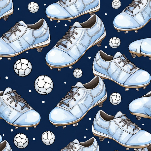 Pattern of light blue soccer cleats and black-and-white soccer balls on a dark blue background.