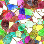 A colorful stained glass mosaic with irregular geometric shapes in various shades of pink, blue, green, and yellow, bordered by gold lines.