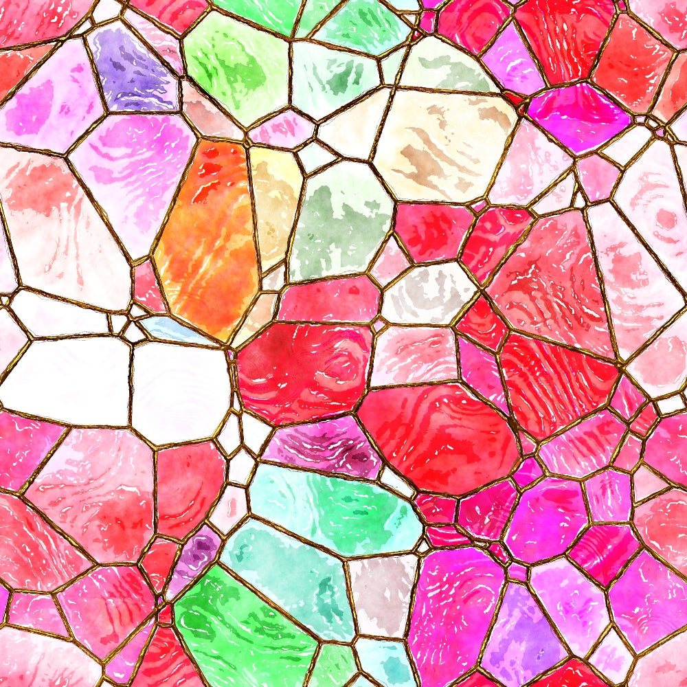 Colorful stained glass pattern with irregular shapes in red, pink, green, and orange hues.