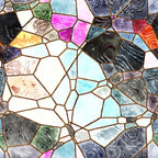 Colorful stained glass art with irregular mosaic patterns, featuring shades of blue, pink, orange, and gray.