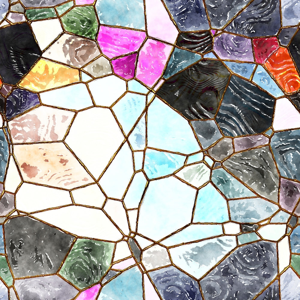 Colorful stained glass art with irregular mosaic patterns, featuring shades of blue, pink, orange, and gray.