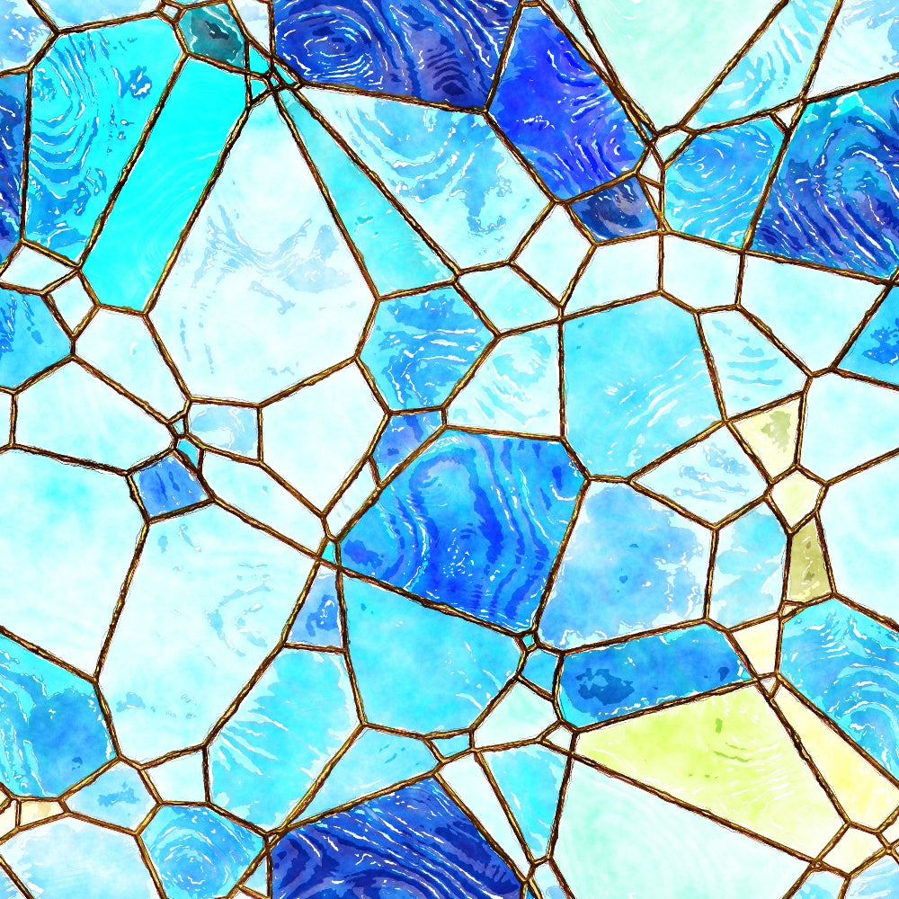 Stained glass pattern with irregular blue and turquoise geometric shapes outlined in gold.