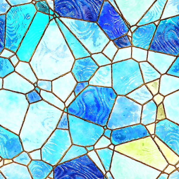 Stained glass pattern with irregular blue and turquoise geometric shapes outlined in gold.