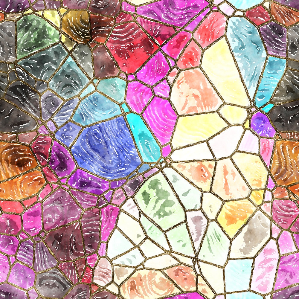 A vibrant stained glass pattern with irregular geometric shapes in shades of pink, blue, purple, yellow, and green, outlined in thin black lines.