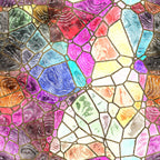 A vibrant stained glass pattern with irregular geometric shapes in shades of pink, blue, purple, yellow, and green, outlined in thin black lines.