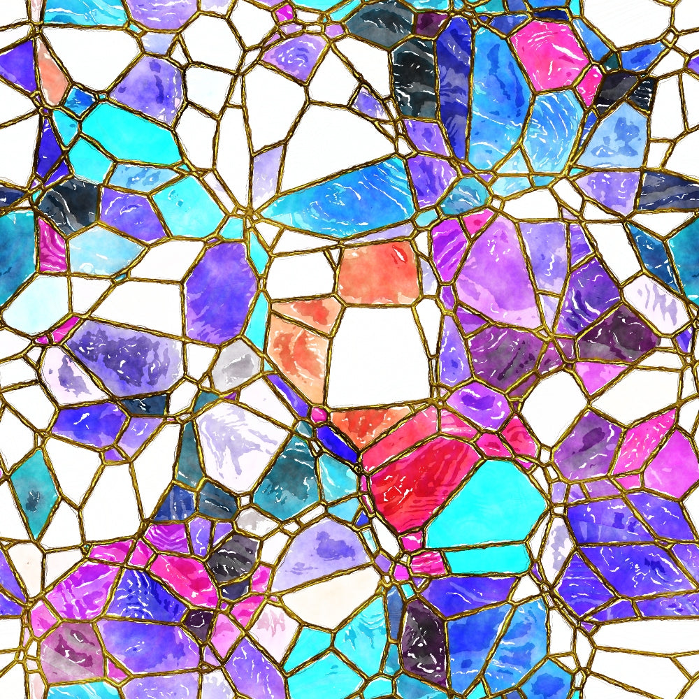 A colorful mosaic with irregular geometric shapes in shades of blue, purple, pink, and red, separated by thin gold lines.