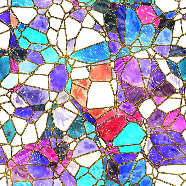 A colorful mosaic with irregular geometric shapes in shades of blue, purple, pink, and red, separated by thin gold lines.