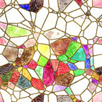 Colorful stained glass pattern with irregular, multi-shaped sections in red, green, blue, pink, and yellow, bordered by thin gold lines.