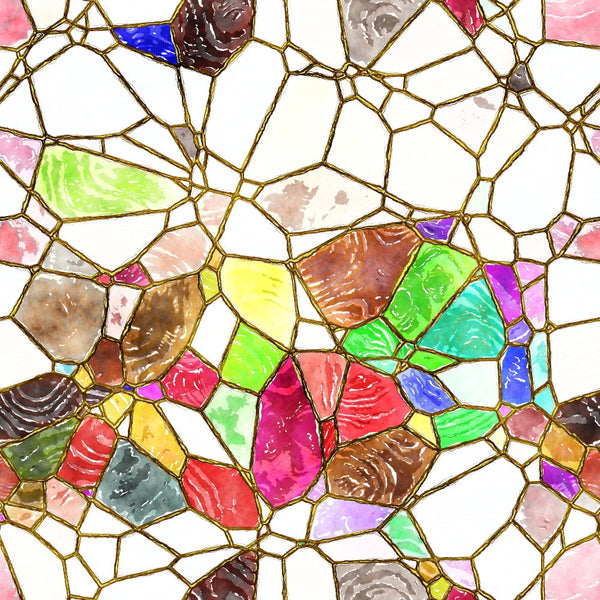 Colorful stained glass pattern with irregular, multi-shaped sections in red, green, blue, pink, and yellow, bordered by thin gold lines.