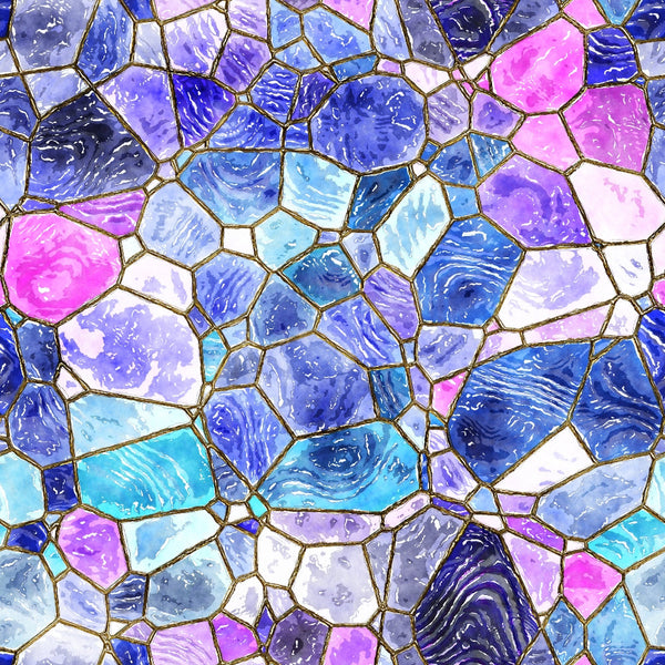 Abstract mosaic pattern with irregular geometric shapes in shades of blue, purple, and pink, resembling stained glass.