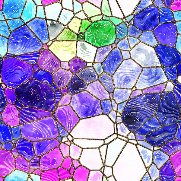 A colorful stained glass pattern with various shapes and shades of blue, purple, green, and pink, bordered by thin, dark lines.