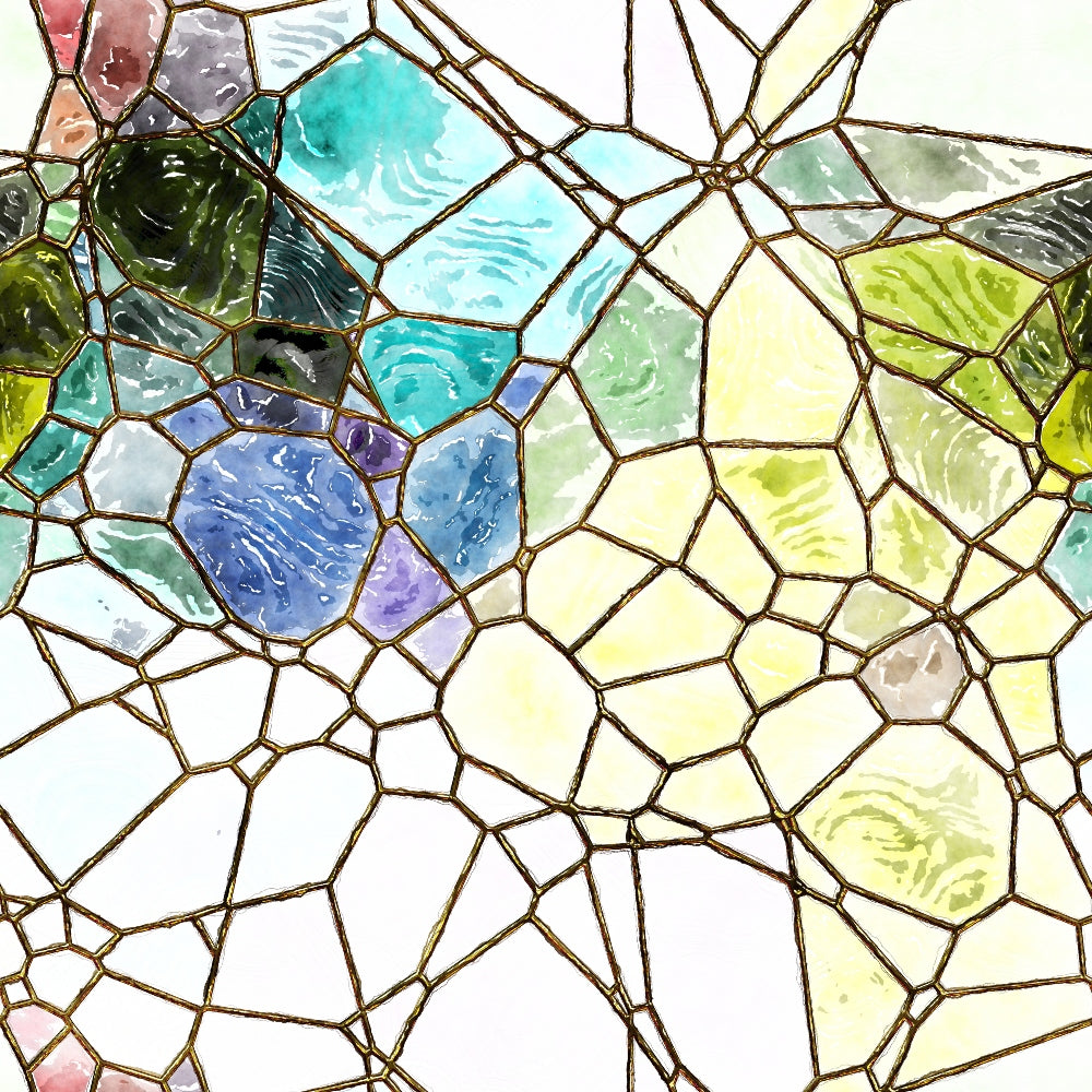 Abstract stained glass design with irregular geometric shapes in various colors, including shades of blue, green, and yellow.