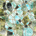 Abstract design featuring a mosaic pattern of various shades of blue, green, and gray tiles with thin, irregular gold borders.