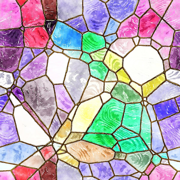 Colorful stained glass pattern with various geometric shapes, including pink, purple, blue, green, and white sections, bordered by thin, dark lines.